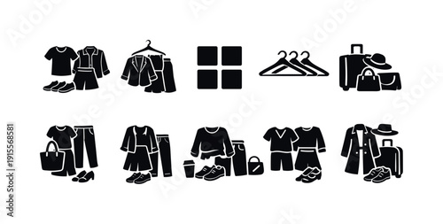 Clothing silhouette icon set. Wardrobe, outfit, travel icons in silhouette style