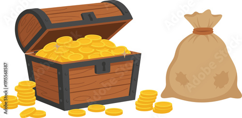 Horizontal open wooden treasure chest full of gold coins with a money sack in flat vector style