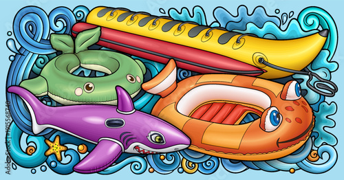 Cartoon cute doodles hand drawn summer beach children's entertainment illustration. Many toys objects vector background. Funny outdoor games artwork.