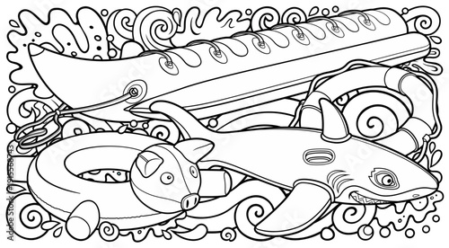 Cartoon cute doodles hand drawn summer beach children's entertainment illustration. Many toys objects vector background. Funny outdoor games artwork.