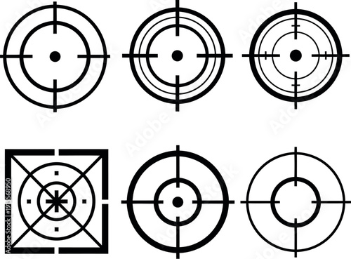 Diagrams of target patterns with varying concentric circles and shapes