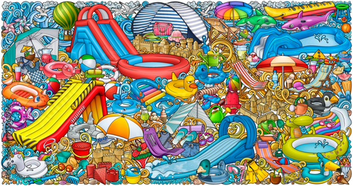 olorful hand-drawn summer beach scene with inflatable water slide, tent, sandcastle, toys, umbrella, and seaside accessories arranged in a playful cartoon composition