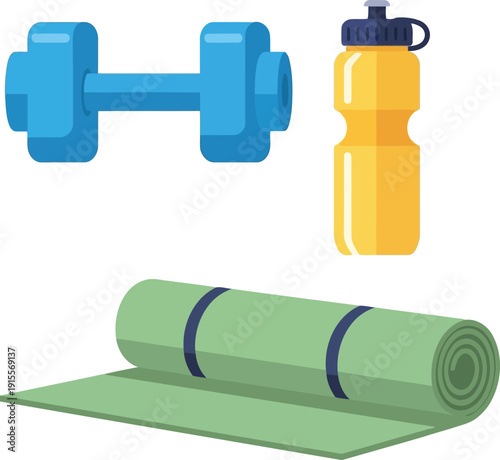 Blue dumbbell yellow water bottle and green yoga mat