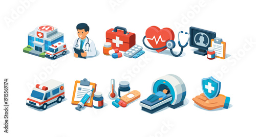 Healthcare and medical 3d icon set. Hospital, doctor, medicine, health icons collection