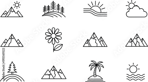 Nature landscape line icon set with mountains, sun, trees, flowers, palm island, clouds, and outdoor scenery symbols