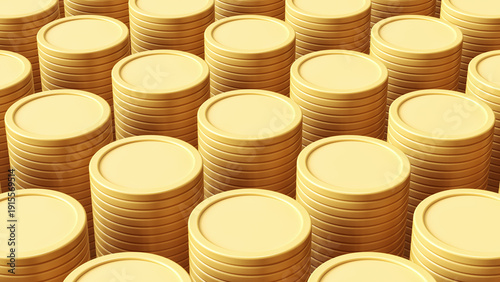 Coin stacks arranged in rows forming a pattern. Matte gold color scheme money background. High quality 3D rendering.