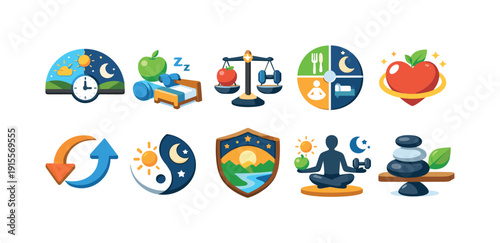 Healthy lifestyle flat icon set. Wellness, balance, meditation icons flat collection