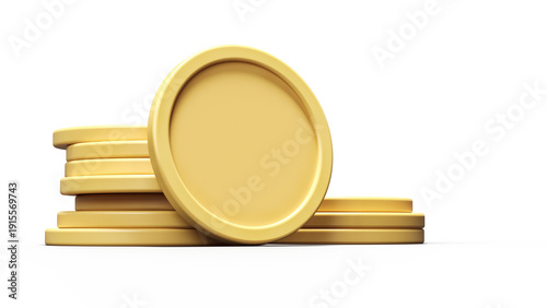 Coin stacks and an upright coin with empty space. High-quality 3D rendering of matte gold coins mockup against a transparent background.