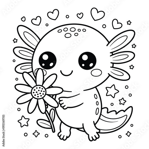 Adorable axolotl character coloring book page with hearts and stars floating in background for preschool children leisure activity