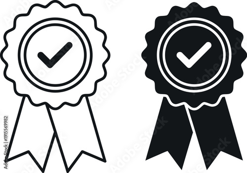 Two ribbon badges with check marks indicating completion or approval status