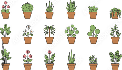 Horizontal set of eighteen minimalist potted houseplant icons in a clean flat vector style
