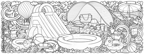 Cartoon cute doodles hand drawn summer beach children's entertainment illustration. Many toys objects vector background. Funny outdoor games artwork.