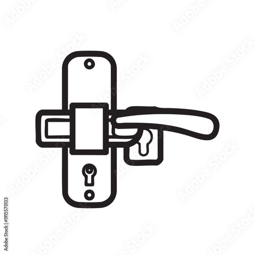 Illustration of door lock mechanism with handle and keyhole from a straightforward perspective