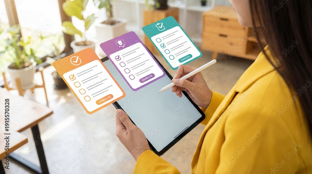 Obraz premium Businesswoman using digital tablet with stylus and holographic checklist interface for task management.