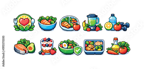 Healthy food and fitness flat icon set. Nutrition, diet, exercise cartoon icons pack.