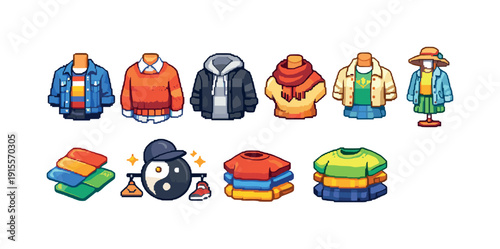 Clothing and fashion flat icon set. Stylish outfit, apparel collection.