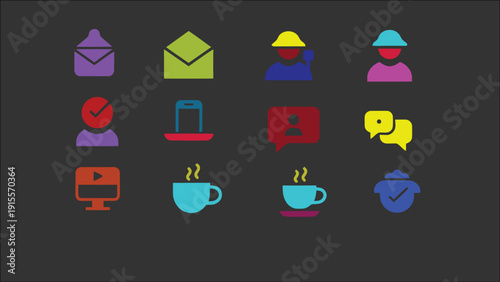 Set of 12 colorful flat icons for communication and office use vector