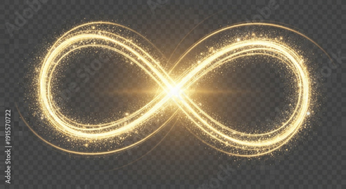 Golden infinity symbol with sparkling particles and bright light