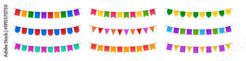 Festive bunting flags with colorful pennants on string for birthday party. Carnival banner decoration with bright party elements. Vector paper welcome or festival event hanging garland border.