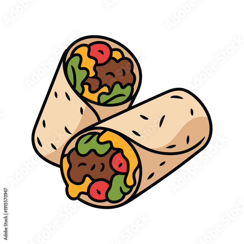 Two colorful cartoon burritos with visible fillings are displayed against a white background