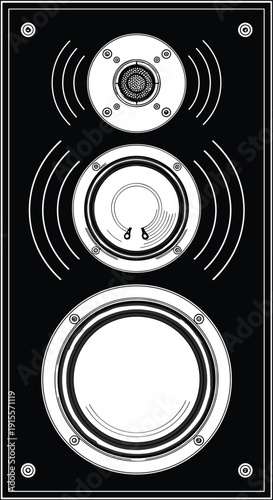 Black audio speaker illustration with woofer and tweeter showing sound waves in minimalist vector style for music technology branding posters and design projects