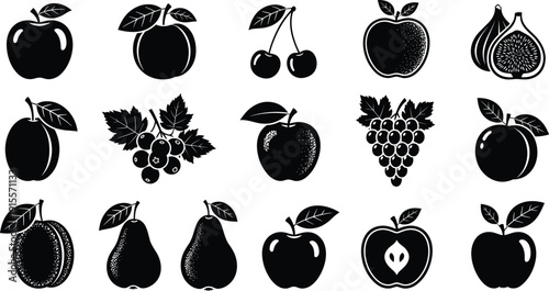 Black fruit silhouette icon set featuring apples pears grapes cherries figs in minimalist vector illustration for organic food branding design use projects