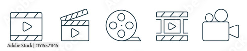 Video and Film Icons Collection for Production, Editing, and Streaming Media.   of Player, Clapperboard, Reel, entertainment, outline vector illustration