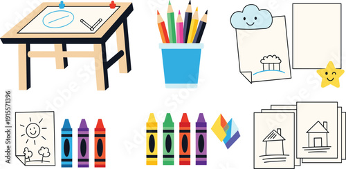 Art and drawing tools icons set, colorful vector illustrations of wooden drafting table, colored pencils, crayons and sketches isolated on white background.
