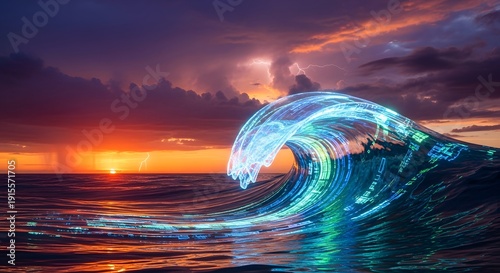 Data Stream Wave Breaking, Digital Ocean Surge at Dramatic Sunset