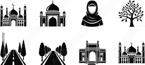Islamic architecture and cultural icon set featuring mosques, monuments, hijab woman, trees, roads in minimalist black silhouette vector illustration for modern design branding use