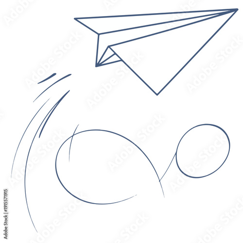 Simple line drawing of a paper airplane taking flight with motion lines flying travel