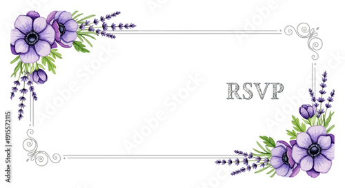 Elegant watercolor floral border design featuring vibrant purple anemones and soft lavender sprigs for an rsvp card template.