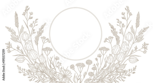 Delicate monochrome botanical illustration featuring a central circular frame surrounded by detailed wildflowers and seed pods.