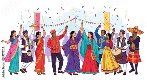 Diverse group of people celebrating happily together wearing various traditional cultural clothing and dancing enthusiastically.