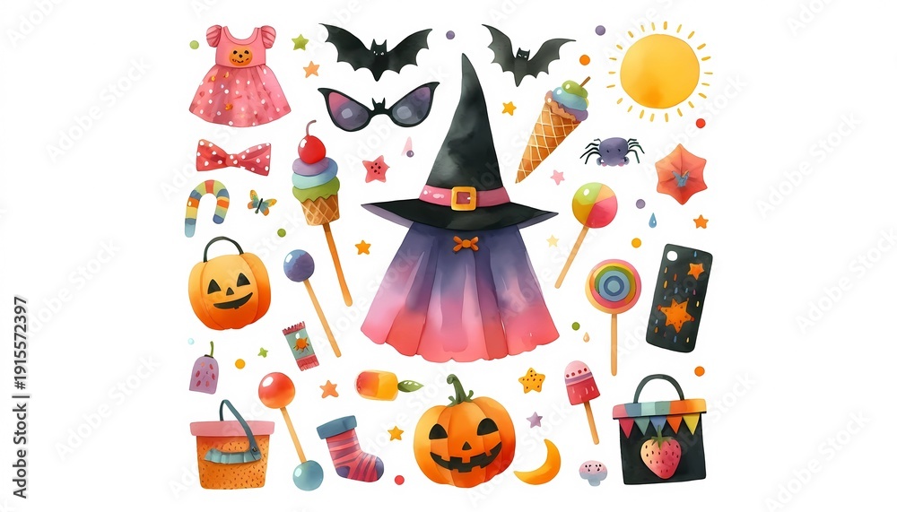 Fototapeta premium Halloween treats and costumes for kids in playful festive scene