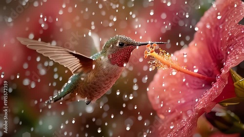Hummingbird sips nectar from vibrant hibiscus flower in rain