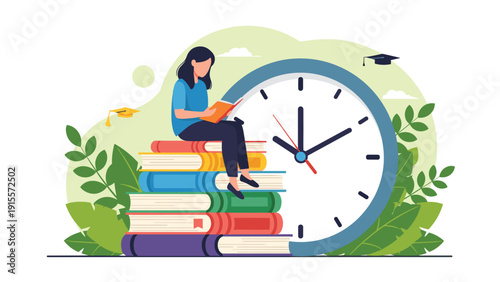 Young woman sitting on a stack of books reading a book against a giant clock and graduation caps for education.