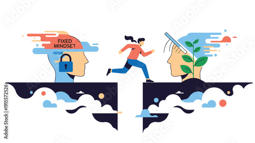 Person jumping over a gap from a fixed mindset with a lock to a growth mindset with a green sprout and sunshine.