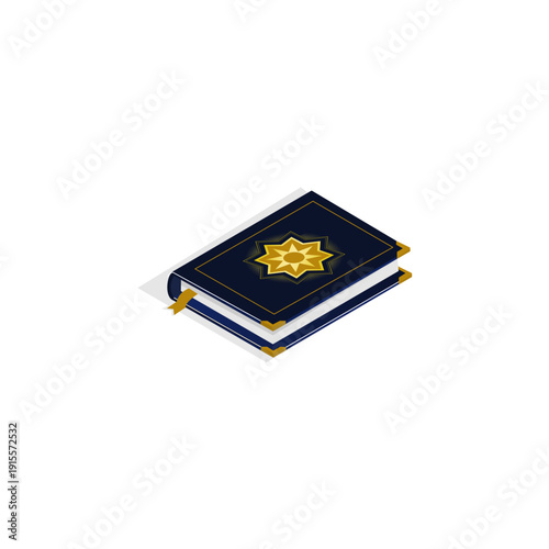 Premium Isometric 3D Holy Quran Book with Gold Ornament for Ramadan
