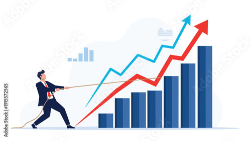 Determined businessman pulling a rope tied to a rising bar chart and red arrow representing financial growth.