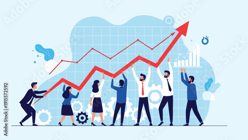 Group of diverse business people collaborating to lift and support a rising red arrow representing collective effort for corporate growth and market success.