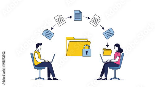 Man and woman using laptops to securely transfer digital files shown moving in an arc over a large folder with a padlock icon representing data privacy.