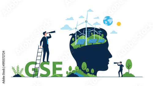 Two professionals using telescopes to observe a giant head containing wind turbines and solar panels representing green sustainable energy and gse initiatives.