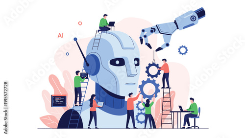 Team of tech professionals collaborating on the assembly and maintenance of a giant robotic head representing artificial intelligence and robotic development.