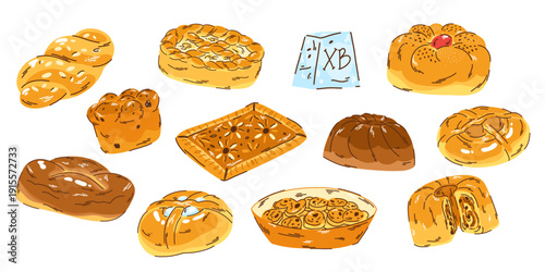 HandDrawn Collection of Traditional Baked Goods and Pastries, Eastern European baked goods