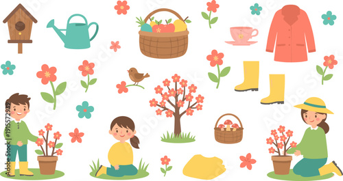 Horizontal set of spring gardening icons and children characters in a playful flat vector style