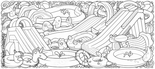 Cartoon cute doodles hand drawn summer beach children's entertainment illustration. Many toys objects vector background. Funny outdoor games artwork.