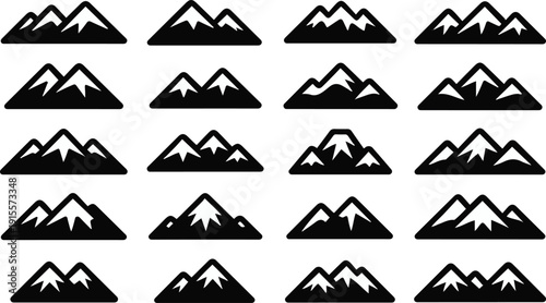 Collection of black mountain icons on white background