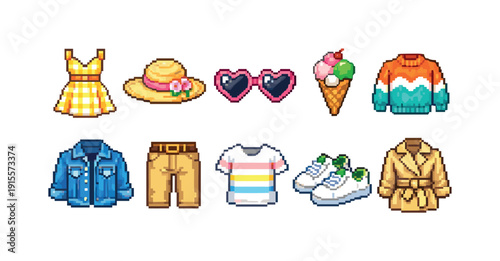 Clothing and accessories pixel icon set. Fashion, style in retro pixel art design