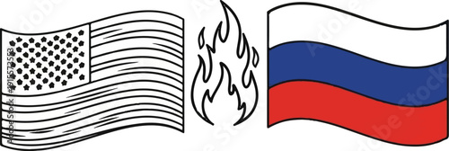 Flags of two nations separated by flames